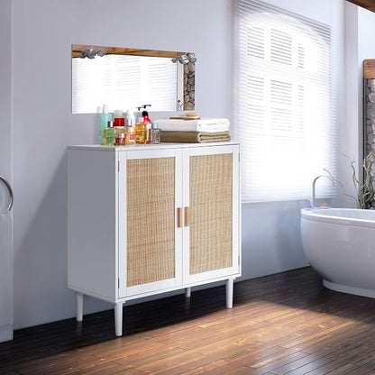 Finnhomy Sideboard Buffet Cabinet, Kitchen Storage Console with Rattan Decorated Doors, Liquor Buffet, Dining Room, Hallway, Cupboard Console Table, Accent Cabinet, 31.5X 15.8X 34.6 Inches, White