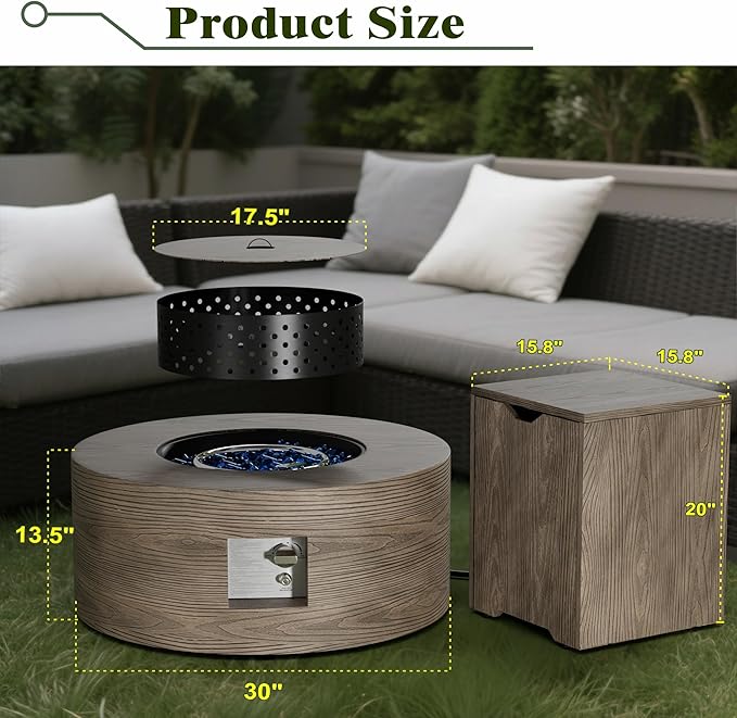2-Piece Outdoor Propane Fire Pit Table Set w Tank Side Table 30'' Round Fire Pit Table w Wood Grain 2-in-1 Firepit Table for Outside Gas Fire Pit w 304 Stainless Steel Burner 50,000 BTU, Brown