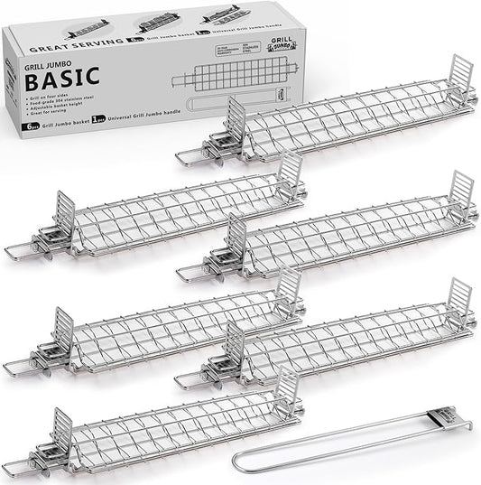 Set of Grate Basket Adjustable Meshes for Grilling for Charcoal, Gas Grill, Tandoor BBQ, Smoker for Home, Outdoor, Restaurant (Stainless steel, Grill Jumbo Basic)