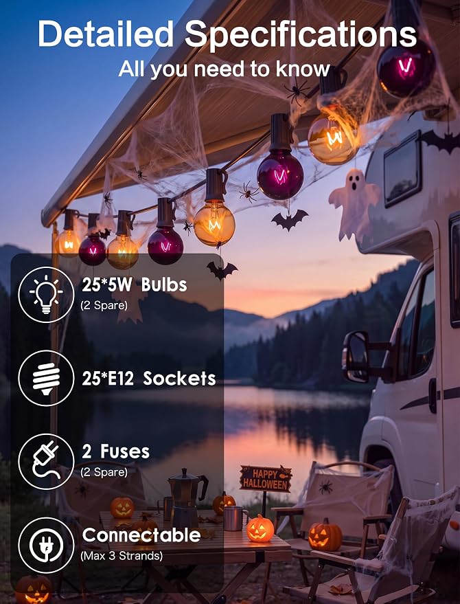 SUNSGNE 25FT G40 Halloween String Lights, Clear Orange Purple Globe Lights | 27 Glass Filament Bulbs(2 Spare), Orange Purple Halloween Glow, Vintage Glass Globe Design, Plug-In Power