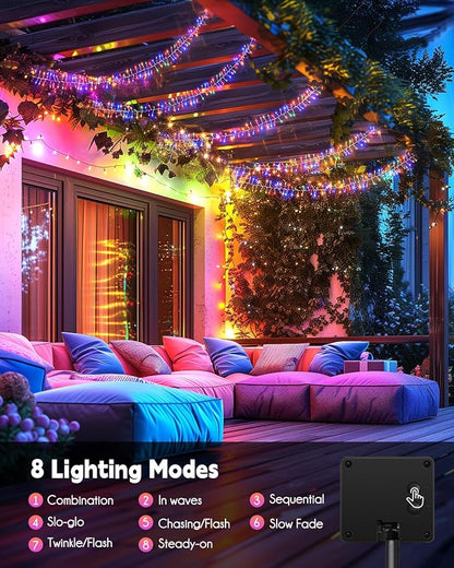 Brightown Solar Lights for Outside, 10Ft 120 LED Solar String Lights Outdoor Waterproof, 8 Modes Firecracker Balcony Light for Tree Patio Christmas Party Wedding Decor, Multicolor