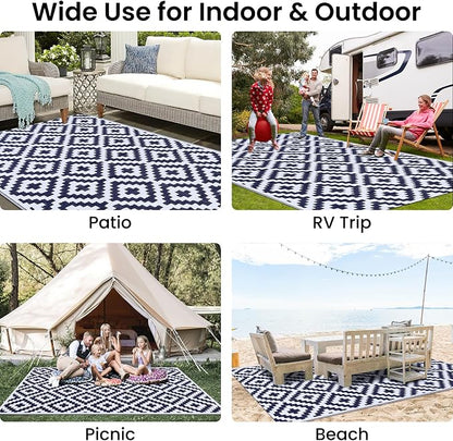 Smiry Outdoor Rug 4x6 ft Waterproof Reversible Boho Mat, White & Navy | Polypropylene Plastic Straw, Quick Drying, Lightweight Foldable, for Patio, Deck, RV Camping, Backyard and Indoor Outdoor Use