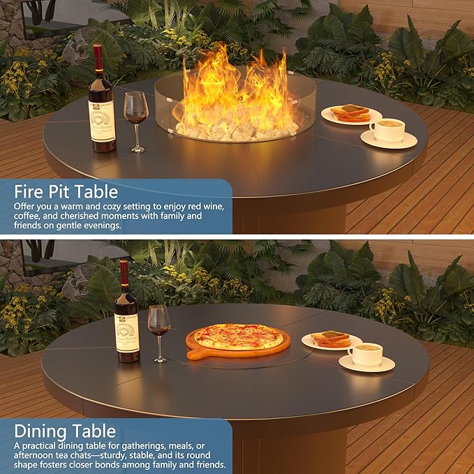 48" Round Propane Fire Pit Table,55000 BTU Round Firepit,Outdoor Fire Pit with Fire Glass,Lid,Waterproof Cover and Blue Glass Stone for Backyard,Garden,Patio