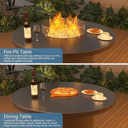 48" Round Propane Fire Pit Table,55000 BTU Round Firepit,Outdoor Fire Pit with Fire Glass,Lid,Waterproof Cover and Blue Glass Stone for Backyard,Garden,Patio