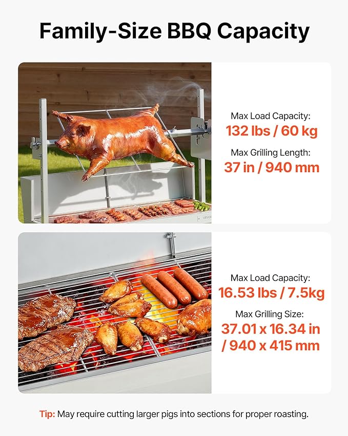 VEVOR Rotisserie Grill, 38W Stainless Steel BBQ Outdoor Pig & Lamb Spit Roaster, 132 LBS Load Capacity Charcoal Spit Roaster with 7-Level Height, Electric Rotisserie Grill Kit for Camping Outdoor