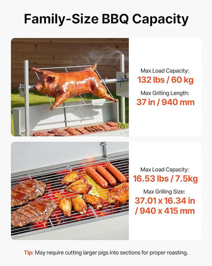 VEVOR Rotisserie Grill, 38W Stainless Steel BBQ Outdoor Pig & Lamb Spit Roaster, 132 LBS Load Capacity Charcoal Spit Roaster with 7-Level Height, Electric Rotisserie Grill Kit for Camping Outdoor