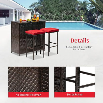 Outdoor Furniture Set Wicker Bistro Set 3PCS Patio Bar Set with Two Stools for Patio Backyard Balcony,Red Cushion