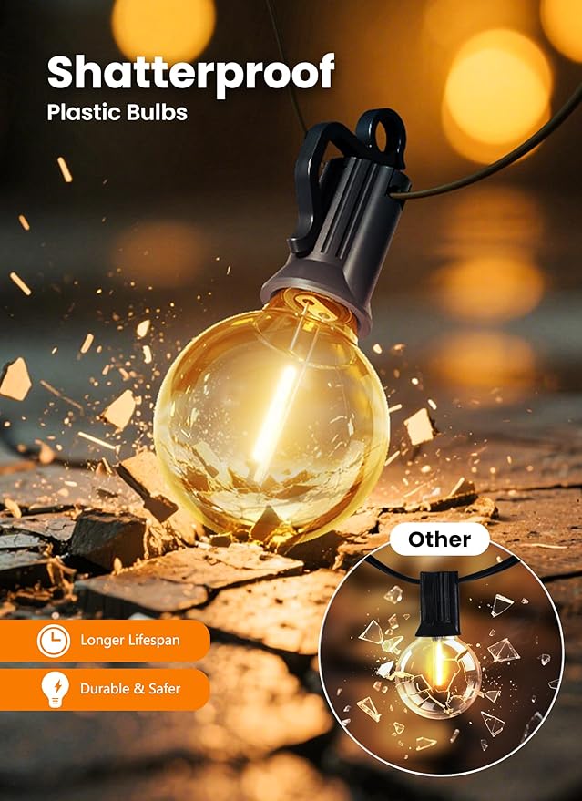 Outdoor String Lights, 25FT 12 LED Bulbs String Lights, IP65 Waterproof Connectable G40 Outside Patio Light for Backyard Porch Balcony Garden Decor Christmas Camping Gazebo