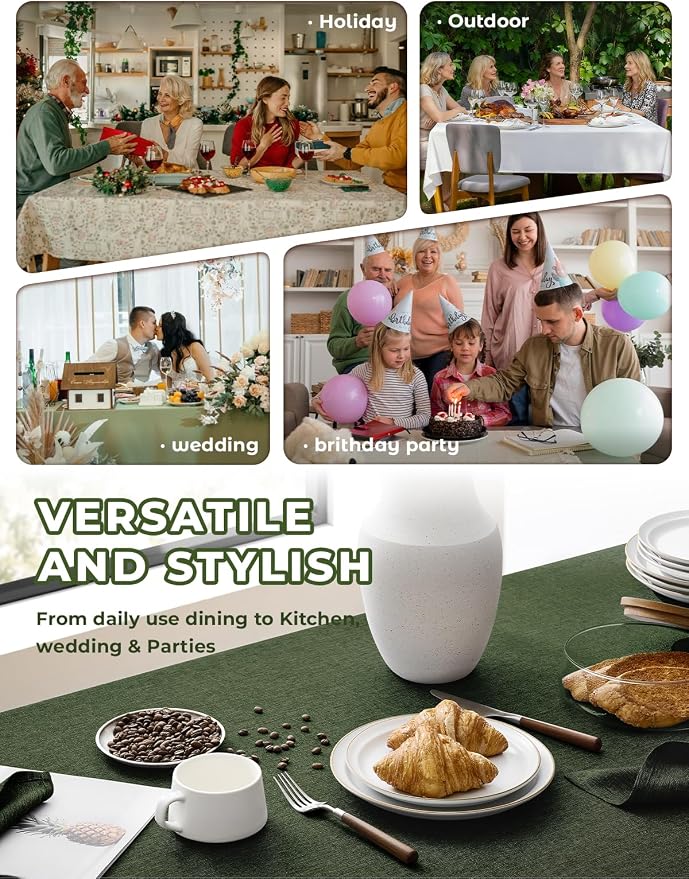 Decorelia Waterproof Faux Linen Rectangle Tablecloth, Spillproof Wrinkle Free Outdoor Reusable Table Cloth for Patio,Holiday,Banquet,Party,Buffet Dinner (Oblong,60 x 120 Inch (10-12 Seats),Dark Green)
