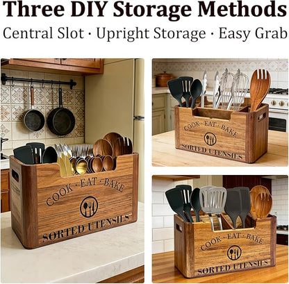 Upgraded Acacia Wood Kitchen Utensil Holder, Warm Aesthetic 3 DIY Storage Modes, Rustic Extra Large Utensil Holder for Countertop, Farmhouse Decor & Island