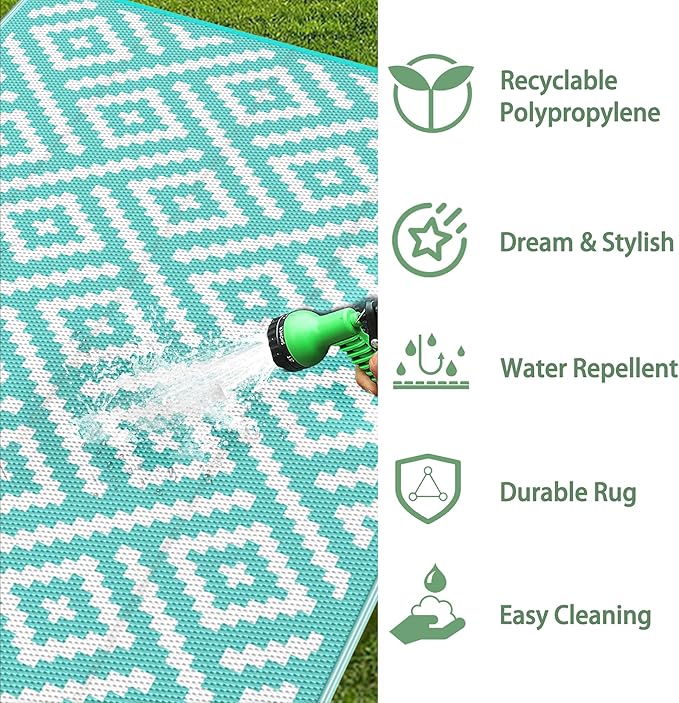 GENIMO Outdoor Rug, Waterproof Plastic Rugs for Patio, 6'x9' Mist Blue | Outside Larger Modern Carpet Mat for Porch Decor, Deck, Balcony, Camping, RV, Backyard, Picnic, Beach, Reversible, Foldable