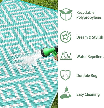 GENIMO Outdoor Rug, Waterproof Plastic Rugs for Patio, 6'x9' Mist Blue | Outside Larger Modern Carpet Mat for Porch Decor, Deck, Balcony, Camping, RV, Backyard, Picnic, Beach, Reversible, Foldable