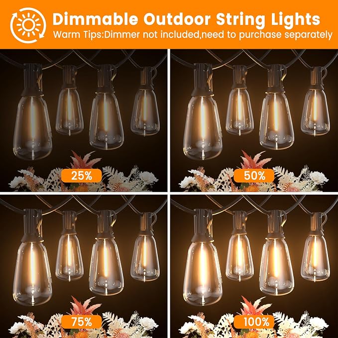 LED Outdoor String Lights 50ft ST38 Waterproof Patio Lights with 25 Vintage Shatterproof Bulbs(2 Spare), Dimmable Outside Hanging Edison String Lights for Backyard Porch Balcony Decor, Warm White