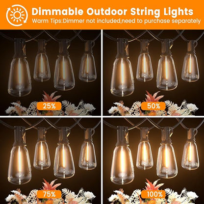 LED Outdoor String Lights 50ft ST38 Waterproof Patio Lights with 25 Vintage Shatterproof Bulbs(2 Spare), Dimmable Outside Hanging Edison String Lights for Backyard Porch Balcony Decor, Warm White