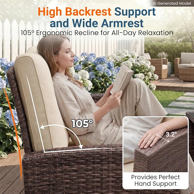 Wisteria Lane Patio Furniture Set, Wicker Outside Outdoor Furniture for All Weather, Patio Sofa with High Backrest Support and Wide Armrest for Backyard, Balcony, Deck, Porch, Brown