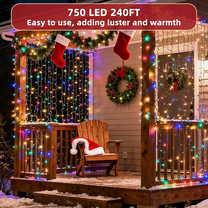 240FT Christmas Lights Outdoor, 750 LED Christmas Tree Decoration Lights with 12 Modes & Timer Memory, Dimmable Plug In Waterproof LED Xmas Light for Yard Trees Wedding Party Holiday Multicolor