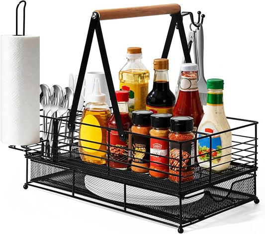 Grill Caddy, BBQ Caddy with Paper Towel Holder, Blackstone Griddle Organizer, Plate and Utensil Holder Organizer for Outdoor Grill, Picnic, Camping, Condiment Storage for Kitchen Counter