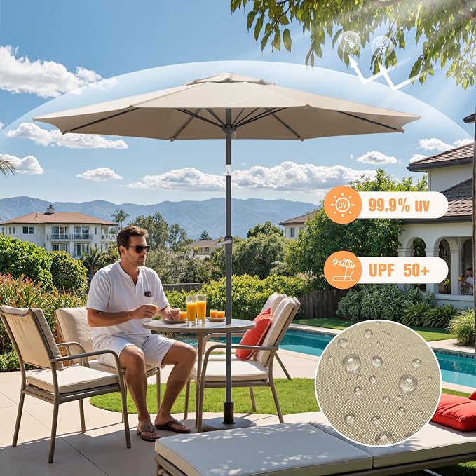 Outdoor Patio Umbrella, Table Umbrella with Push Button Tilt and Crank, 8 Ribs Market Umbrella