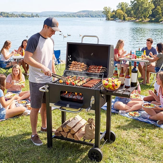 Giantex Charcoal Grill with Foldable Side Shelf, Outdoor BBQ Grill with Adjustable Charcoal Tray, Thermometer, Shelves & Ash Tray, Portable Barbecue Griddle with Wheels for Backyard, Camping, Picnic