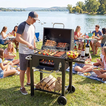 Giantex Charcoal Grill with Foldable Side Shelf, Outdoor BBQ Grill with Adjustable Charcoal Tray, Thermometer, Shelves & Ash Tray, Portable Barbecue Griddle with Wheels for Backyard, Camping, Picnic