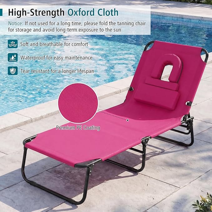 GYMAX Tanning Chair, Folding Lounge Chairs with Face Hole & Cover, Removable Pillow Carry Handle, Portable Compact Outdoor Layout Recliner for Beach, Poolside, Lawn, Patio, Camping (Pink,2)