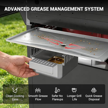 HUGROVE 4-Burner Liquid Propane Gas Grill with Clear-View Window, 56,000 BTU Outdoor BBQ Grilling Station with Side Burner, 677 sq.in Grill with Cast Iron Grates for Backyard Party (Black Red)