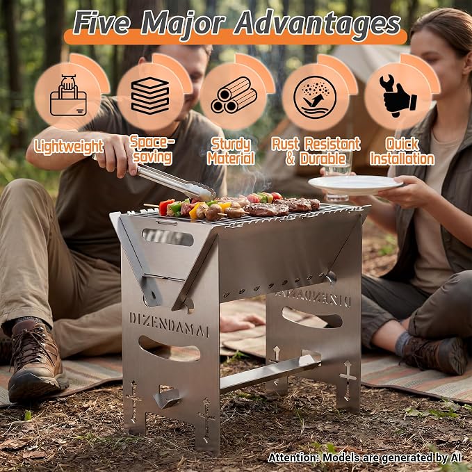 Portable Charcoal BBQ Grill, Extra Tall Heavy Duty Camping Safe | 15.7"x9.1"x15.7",2mm Steel Construction for Outdoor Cook, Family BBQ, Picnic，Detachable, Folds to 3cm Flat for Easy Storage