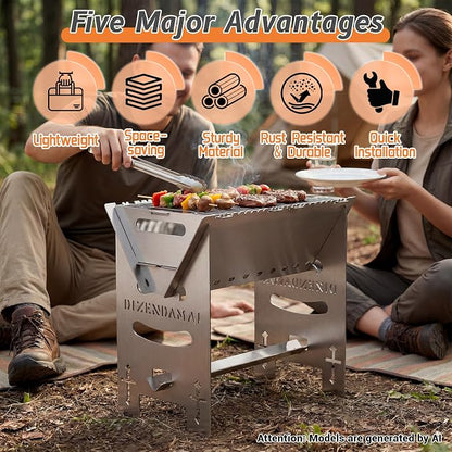 Portable Charcoal BBQ Grill, Extra Tall Heavy Duty Camping Safe | 15.7"x9.1"x15.7",2mm Steel Construction for Outdoor Cook, Family BBQ, Picnic，Detachable, Folds to 3cm Flat for Easy Storage