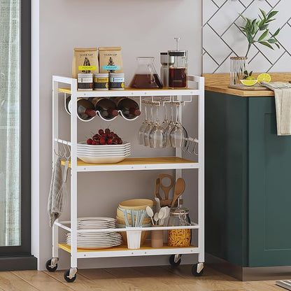 TUTOTAK Bar Cart with Wheels, Drink Cart with Wine Rack and Glass Holder | 3-Tier 23.7 Inch Wide Home Bar Serving Carts, Small Mobile Kitchen Shelf with 6 Hooks BC01BOW030