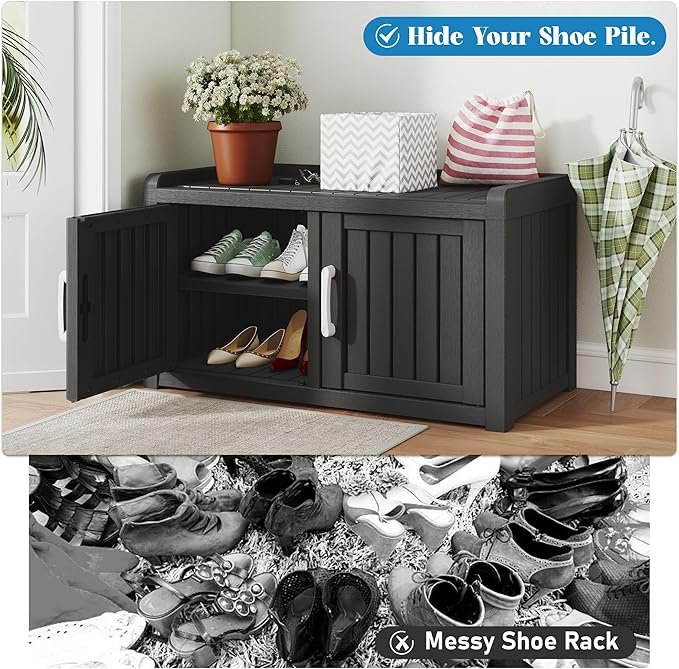NUNU LAB Shoe Cabinet for Entryway,Waterproof Shoe Storage Cabinet with Adjustable Shelves for Living Room,Resin Storage Bench with Seat for Hallway,Shoe Bench with Doors for Foyer(Black, 2-Door)