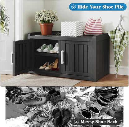 NUNU LAB Shoe Cabinet for Entryway,Waterproof Shoe Storage Cabinet with Adjustable Shelves for Living Room,Resin Storage Bench with Seat for Hallway,Shoe Bench with Doors for Foyer(Black, 2-Door)