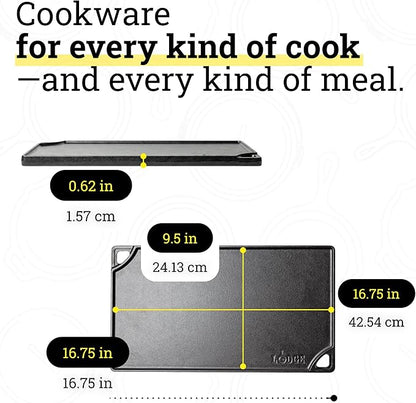 Lodge Reversible Cast Iron Grill/Griddle Pan 16.75 x 9.5 - Pre-Seasoned Dual-Sided Double Burner for BBQ, Eggs, Pancakes, Burgers - PFAS Free Cookware - Flat Top Plate for Oven, Grill, & Campfire