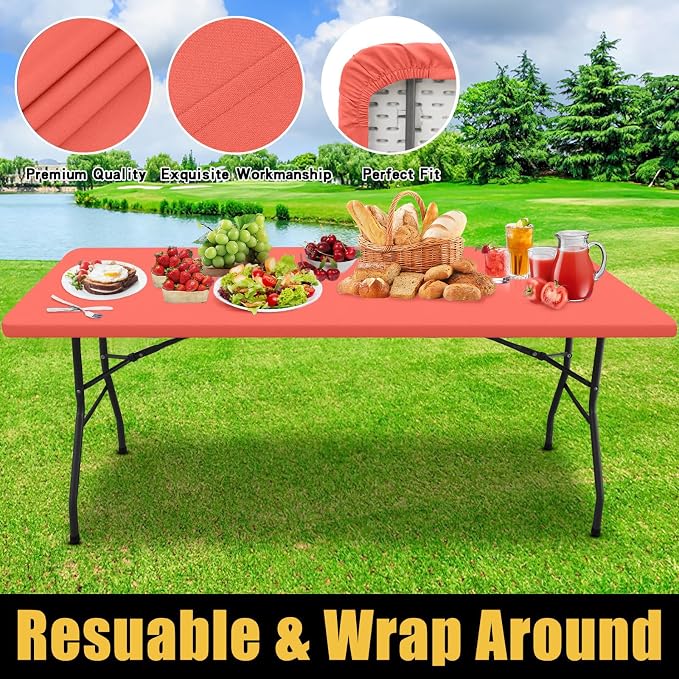 Smiry Rectangle Picnic Table Cloth, Waterproof Elastic Fitted Tablecloths for 5 Foot Tables, Washable Polyester Table Cover for Camping, Indoor and Outdoor (Coral Red, 30"x60")