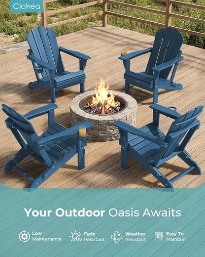 Ciokea Folding Adirondack Chair 2 Pack, Patio Adirondack Chair Weather Resistant, Plastic Fire Pit Chair with Cup Holder, Lawn Chair for Outdoor Porch Garden Backyard Deck (Royal Blue)
