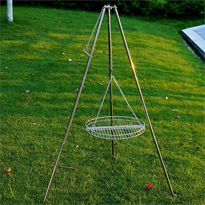Charcoal Grills Outdoor Large Tripod Stainless Steel Barbecue Grill with Grill Net Camping Party BBQ Campfire Hanging Pot Bracket Outdoor Grill