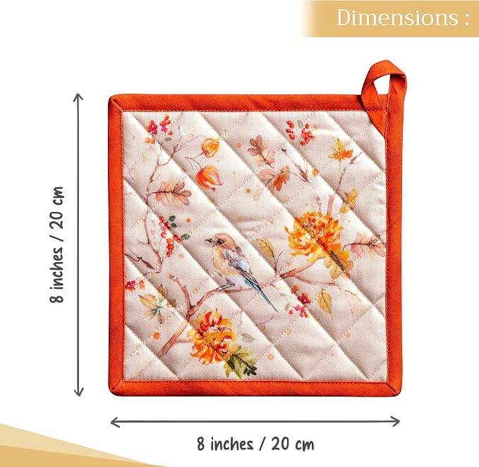 Maison d' Hermine Pot Holders 100% Cotton Potholders (8" x 8", Pack of 2) | Heat Resistant Hot Pads with Loop BBQ Cooking Baking Hotel Kitchen Handling Hot Pans Thanksgiving Christmas - Kelim - Prairie