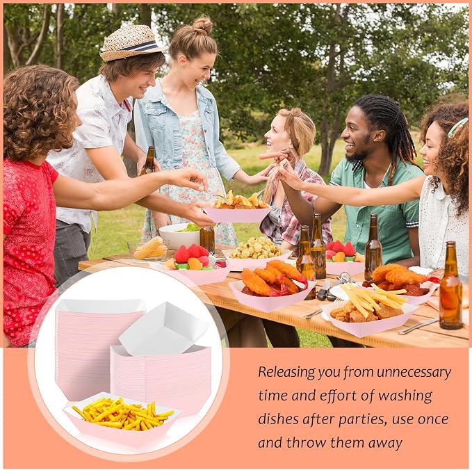 100 Pcs 2lb Paper Food Trays Boat Nacho Boats for Hot Dogs, Light Pink