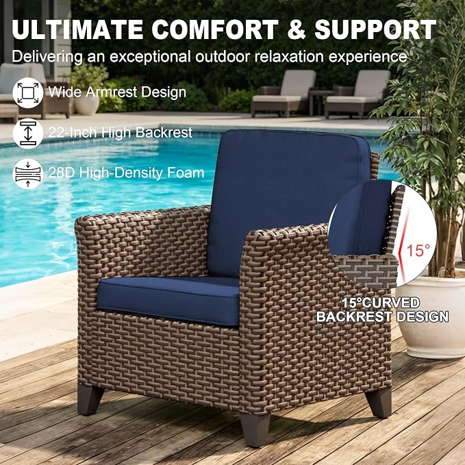 5 Pieces Patio Furniture Set, PE Wicker 75" Couch with 2 High Back Chairs & 2 Ottomans, All-Weather Rattan Furniture with Waterproof Cushions for Deck, Garden, Porch