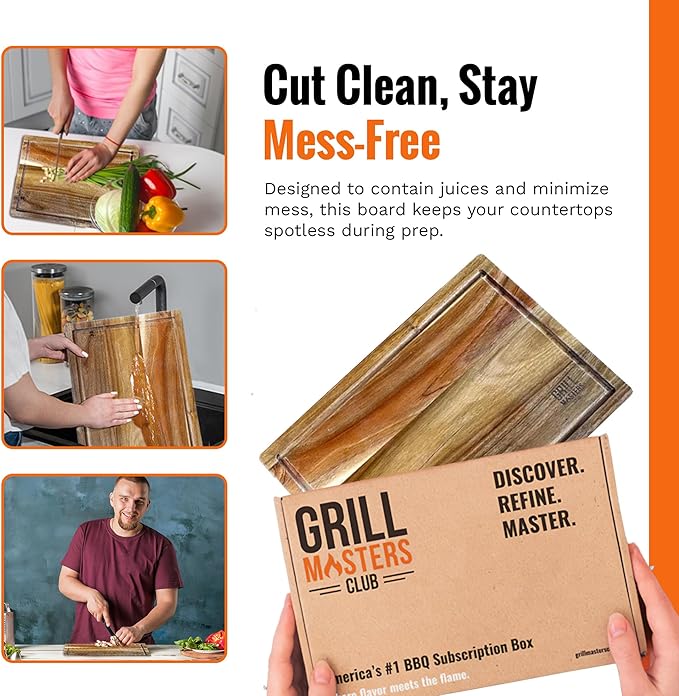 Grill Masters Club Premium Acacia Wood Cutting Board for Kitchen | Large Wooden Cutting Board with Juice Groove | Lightweight Grill for BBQ Masters, & Cooking Enthusiasts-Ideal for Gift