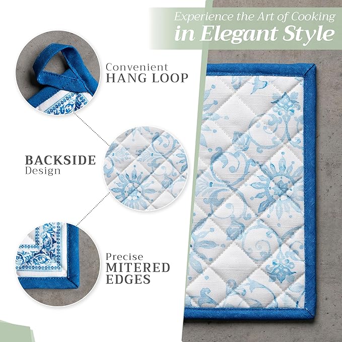 Maison d' Hermine 100% Cotton Oven Mitt & Pot Holder Set (7.5"x13" & 8"x8") Heat Resistant BBQ Cooking Gloves with Loop Baking Grilling Kitchen Hotel Home Farmhouse Spring Summer (Cedrat)