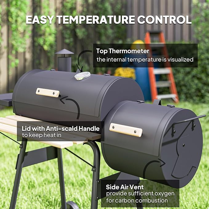 Outsunny Charcoal Grill with Offset Smoker, 231 Sq.In. Cooking Area, Barrel BBQ Grill and Smoker Combo with Side Tables, Shelf, Thermometer, Wheels for Outdoor Patio Backyard Party Event Gathering