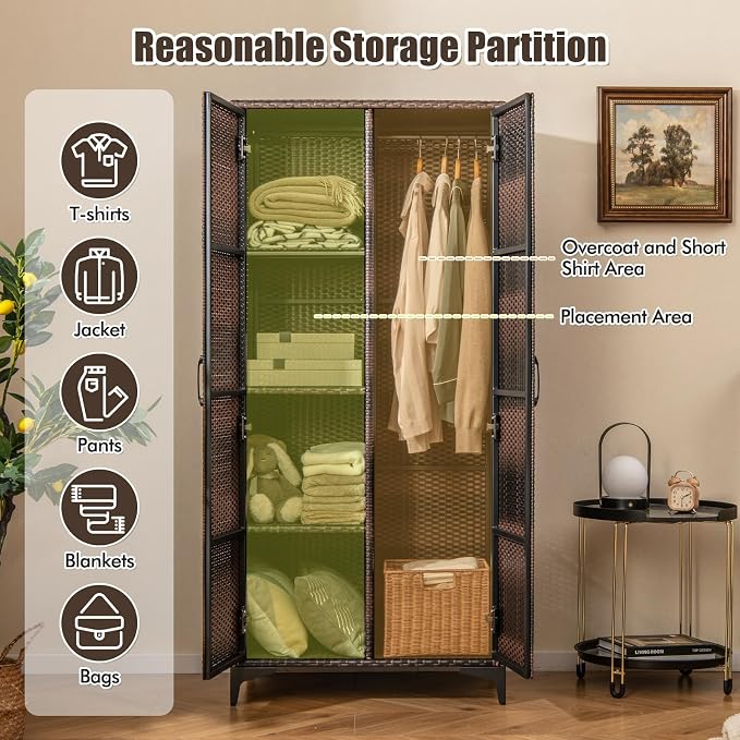 Giantex Wicker Storage Cabinet, 62” Tall Pantry Cabinet with 2 Doors, Hanging Rod, 4 Storage Cubes, Metal Legs, Anti-Tipping Device, PE Rattan Storage Cabinet for Home Office, Garage Cabinets (Brown)