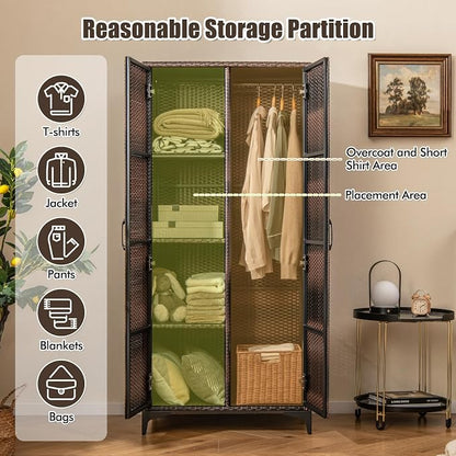 Giantex Wicker Storage Cabinet, 62” Tall Pantry Cabinet with 2 Doors, Hanging Rod, 4 Storage Cubes, Metal Legs, Anti-Tipping Device, PE Rattan Storage Cabinet for Home Office, Garage Cabinets (Brown)