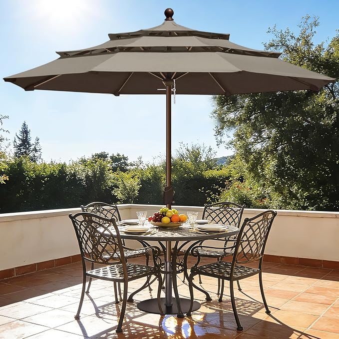 EliteShade USA 10-Year-Non-Fading 10ft 3-Tier Market Patio Umbrella, Commercial Grade Outdoor Table Umbrella with Crank Open, Windproof & UPF 50+ UV Protection, Heavy Duty Ventilation for Garden, Deck, Pool, Backyard, Beach & Bistro, No Tilt, Taupe