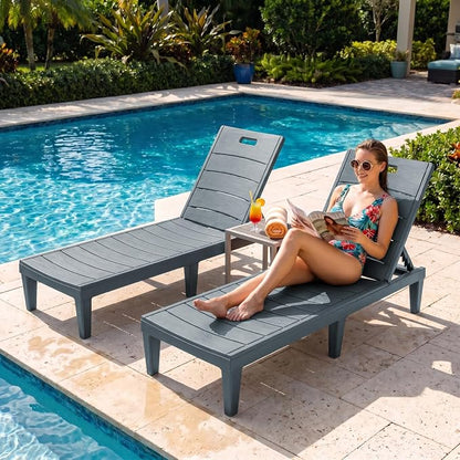 Greesum 2-Pack Adjustable Chaise Lounges, Grey | 5-Pos Recline, Waterproof PP, UV-Resist, Easy-Clean, for Pool/Patio/Beach, Tool-Free