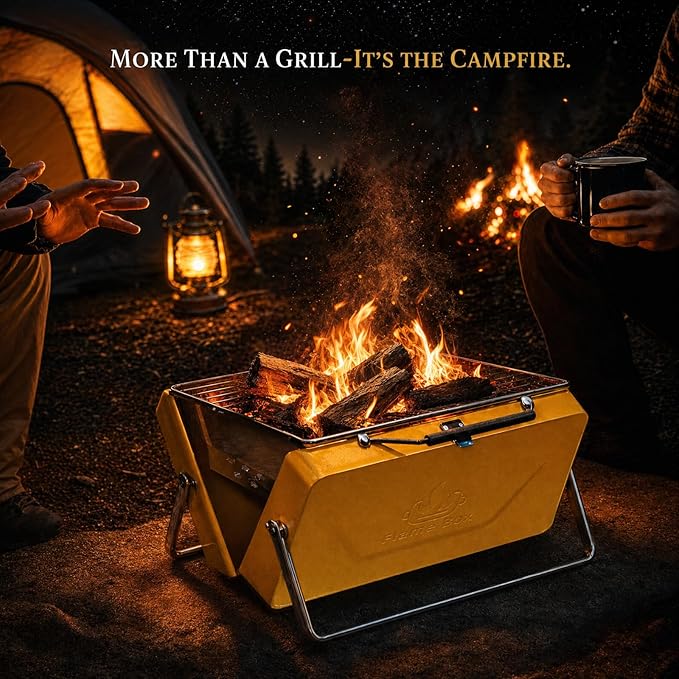 Ranger Portable Charcoal Grill – Compact Lunchbox‑Style Folding BBQ for Camping & Beach| Dual‑Zone Heating, Stainless Steel Body, 3-sec Setup, Includes Tong & Cleaning Brush, Serve 2-3 people