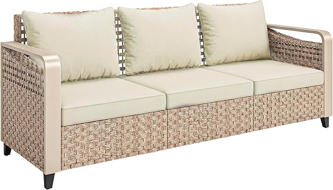 Outsunny Outdoor Patio Couch with Wide and Deep Seat, 3 Seater Wicker Outdoor Sofa with Wide Metal Armrests, Patio Furniture Couch with Cushions for Porch, Garden, Backyard, Beige