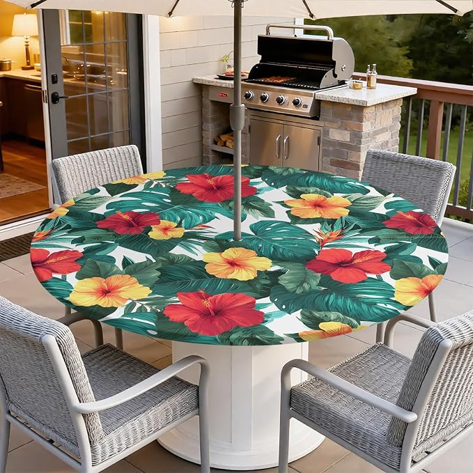Outdoor Tablecloth with Umbrella Hole and Zipper Fits 45-48" Tables | Waterproof Round Fitted Tablecloth with Elastic Edge, Wipeable Outdoor Table Cover for Patio, Garden, Picnic