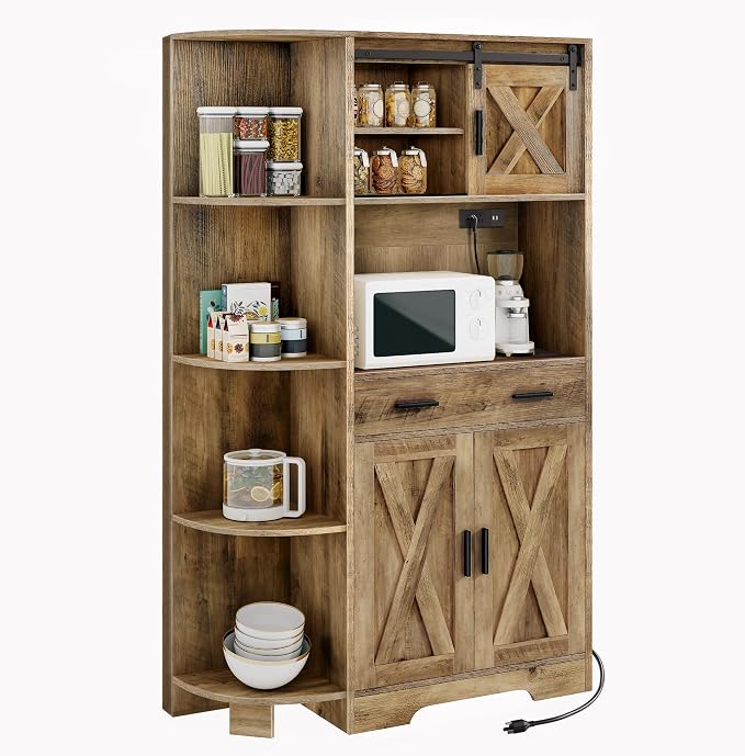 YITAHOME 67" Farmhouse Pantry with Power Outlet & Sliding Barn Door, Oak | Freestanding Hutch with Charging Station, Shelves & Drawer for Kitchen and Dining Room