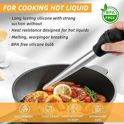 304 Stainless Steel Large Turkey Baster for Cooking,Food Grade Baster Syringe and Silicone Suction Bulb,with 2 Detachable Needles1 Cleaning Brush,for Kitchen,BBQ,Grill Baking,Meat Injection (Black)